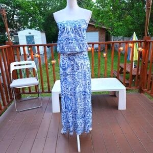 CYNTHIA ROWLEY blue floral print strapless Maxi mesh dress size S